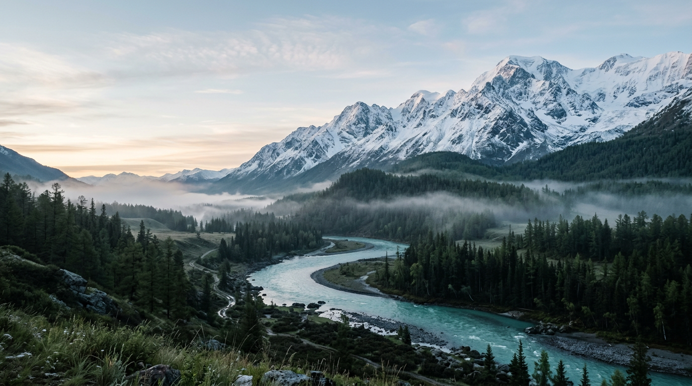 Snow-capped Altai mountain peaks above a turquoise glacial river in morning mist